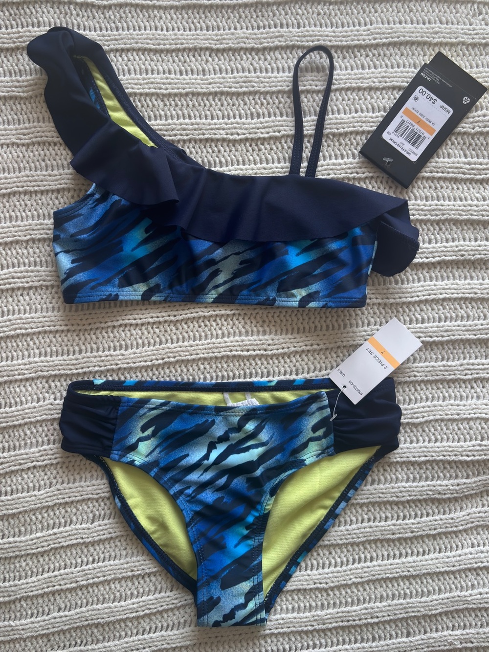 Under Armour Navy and Blue Zebra-Print One-Shoulder Ruffle Bikini Kids Swim NWT